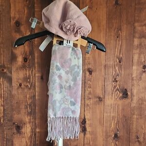 Chic Floral Pink Beret and Scarf Set